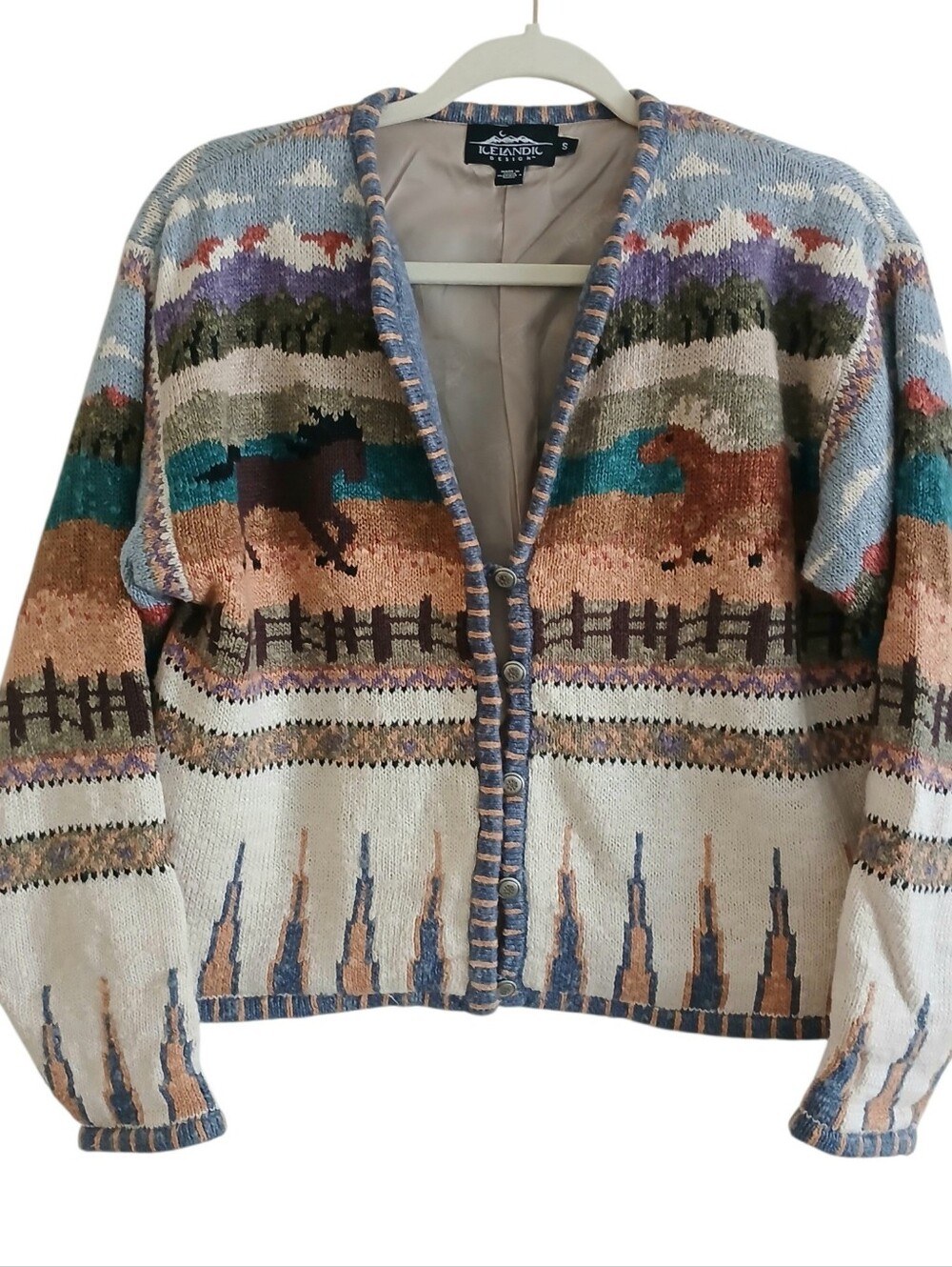 ICELANDIC DESIGN Horse Knit Linen Cotton Cardigan Women's S Lined Equestrian